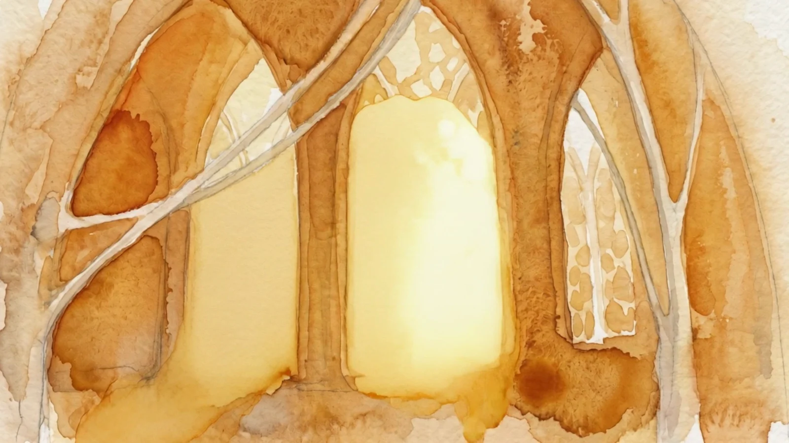 Segment membrane lit from behind, its structure like a cathedral, watercolour.