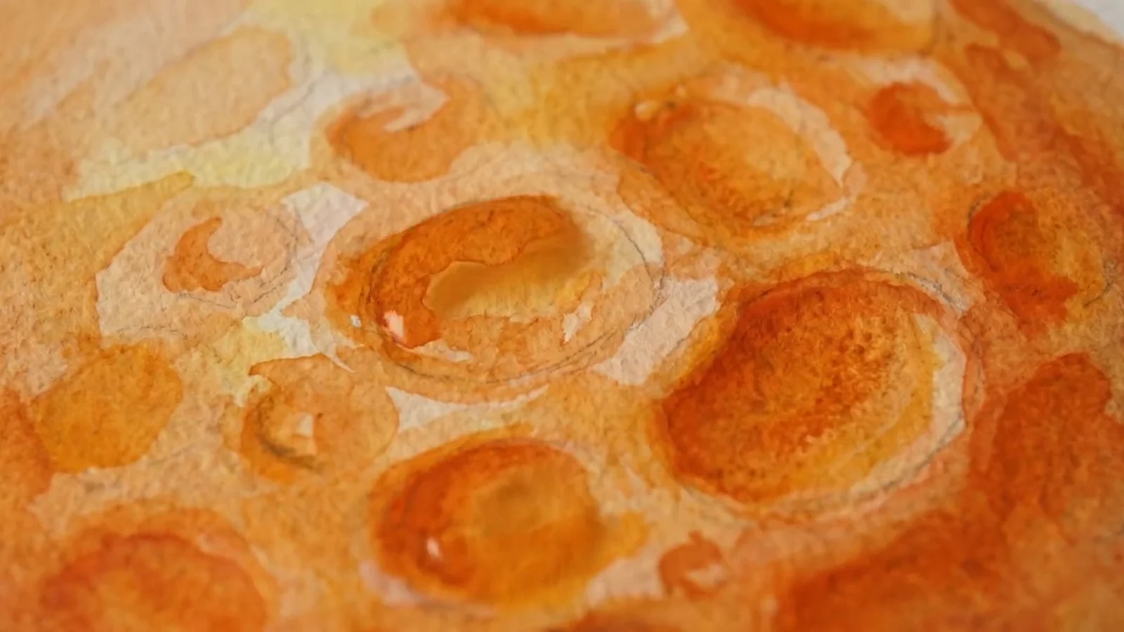 The oil glands of mandarin peel magnified into terrain, watercolour.